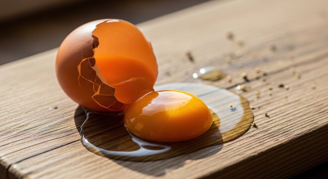 Fresh cracked egg with vibrant orange yolk on rustic wooden surface, raw chicken egg shell and liquid yolk, organic farm food ingredients