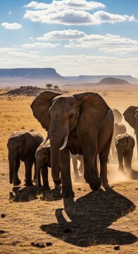 African elephant matriarch leading herd across savanna