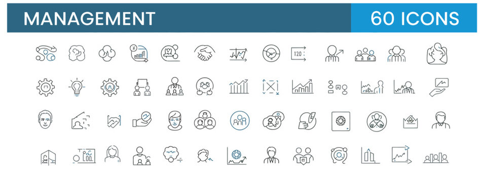 Collection of 60 management icons representing business strategy, teamwork, and growth.