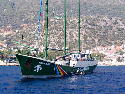Kas, Turkey. 27 Jul 2006 - Greenpeace Rainbow Warrior is anchored off the coast of Turkey during a tour.
