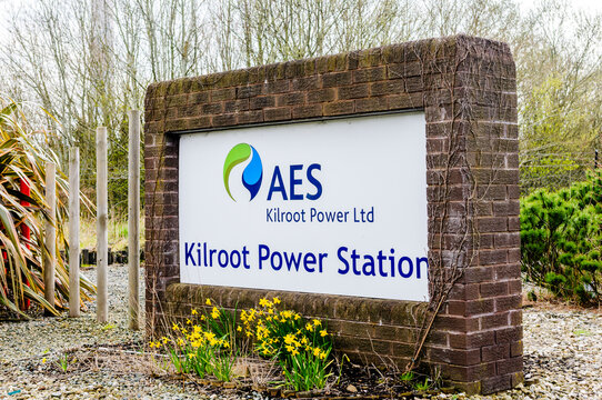 Sign at the entrance to Kilroot Power Station in Northern Ireland, indicating the route to this significant energy infrastructure site located along the coast.