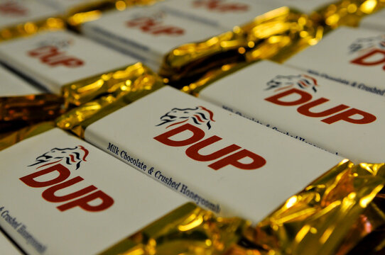 A promotional chocolate bar distributed at the DUP political party conference, in Belfast featuring their lion-head logo