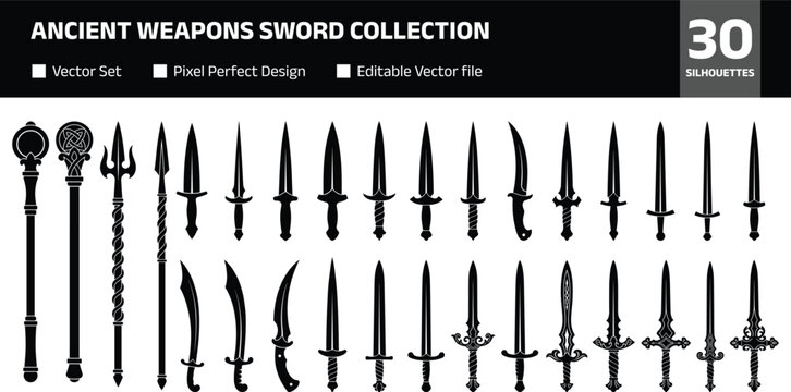 Ancient weapons sword collection silhouette set including medieval blades daggers spears and maces isolated on white background illustration