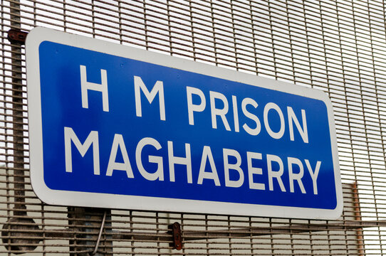 The official entrance signage at HMP Maghaberry, a high security prison in Northern Ireland, marking the high security facility managed by the Northern Ireland Prison Service near Lisburn.