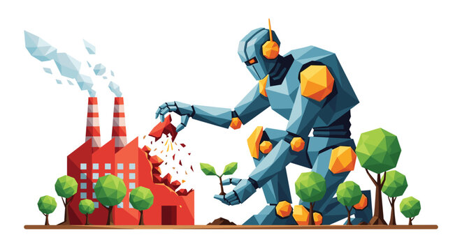 A large low-poly robot kneels to plant a small green sprout while simultaneously dismantling a red industrial factory building in a bright white setting.
