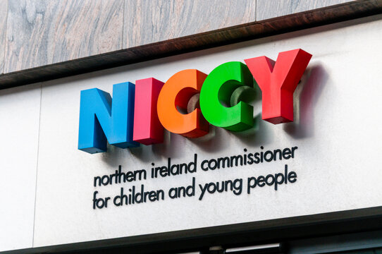 An official corporate sign for the Northern Ireland Commissioner for Children and Young People (NICCY) located at Equality House in Belfast, representing child rights and advocacy.