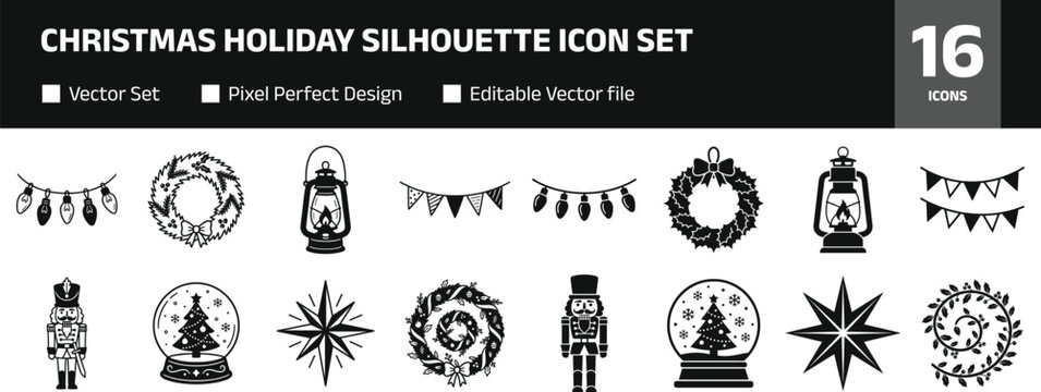 Christmas holiday silhouette icon set with wreath lantern garland snow globe nutcracker star decoration festive winter elements collection