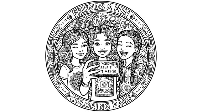 Three girls selfie circle composition zentangle coloring page friendship doodle vector illustration