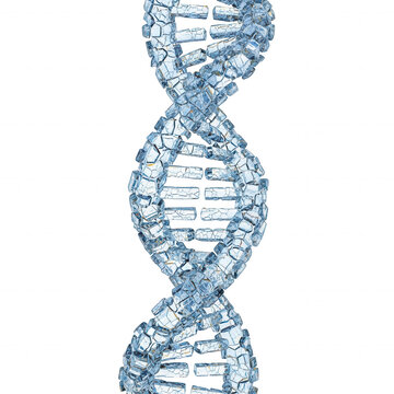 A 3 d rendered dna double helix structure composed of fragmented, cracked light blue glass blocks isolated against a solid black background