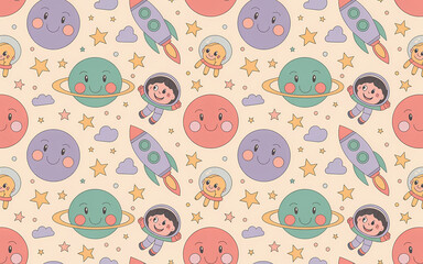 Naklejka premium A seamless vector illustration pattern featuring whimsical space elements in a playful, childish art