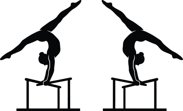 Female gymnastics athlete silhouette doing acrobatic routine on bars.