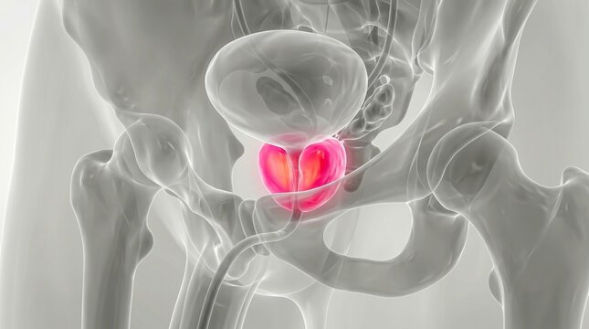 Anatomical illustration of the male pelvic region highlighting the prostate gland, showing its location relative to the bladder and urethra.