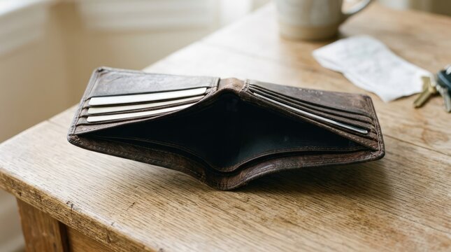 An empty, worn leather wallet lies open on a rustic wooden table, vividly symbolizing financial hardship, economic struggle, or a significant absence of funds and cash