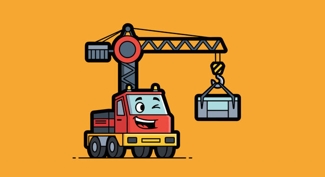Small red crane truck character vector illustration lifting a heavy cargo container for industrial logistics and port shipping operations in cartoon style.