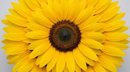 Obraz premium Sunflower flat lay full frame overhead vivid yellow petal circle with dark seed centre background photorealistic nature commercial background