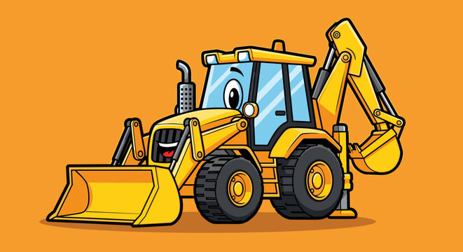Yellow backhoe loader character vector illustration with a front bucket and rear digger for heavy-duty construction and earthmoving tasks in a site.