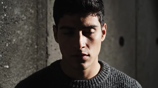 Young man with dark hair in a grey knit sweater against a concrete wall