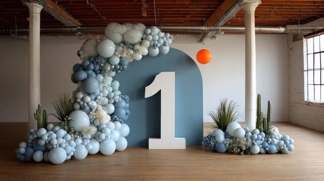 First Birthday Party Decor with Blue Arch and Balloon Garland.