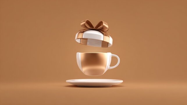 Floating Coffee Cup with Gift Bow on Brown Background.