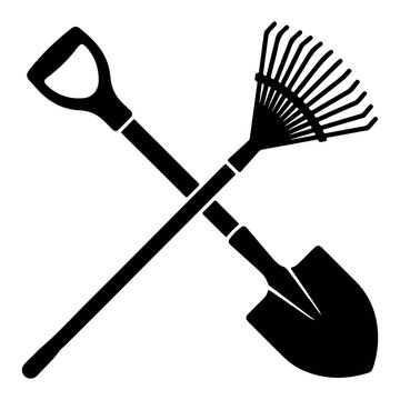 Gardening tools, shovel and rake crossed over each other in black silhouette on white background.