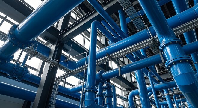 Complex system of blue industrial pipes in a modern water treatment facility.