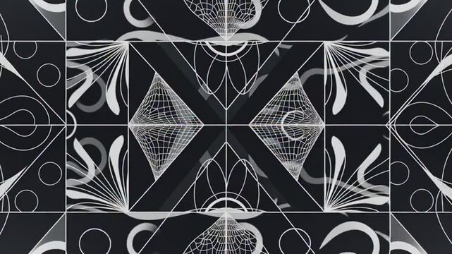 Geometric pattern features intricate black and white lines that form a complex symmetrical structure suitable for architectural concepts or modern wallpaper designs with a minimalist aesthetic style.