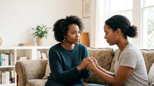 Supportive prayer between two women in cozy living room, sharing faith and comfort while holding hands. Emotional connection fosters closeness and understanding,