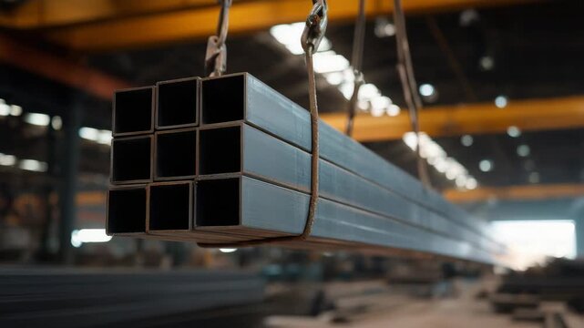Suspended bundle of hollow square metal tubes in industrial plant, steel manufacturing and construction materials concept, structural profiles, heavy industry, engineering logistic