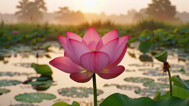 Pink lotus blossom in a pond at dawn, lily pads float. Soft, diffused lighting