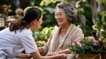 Fototapeta premium A smiling Asian senior woman converses with a caregiver in a serene garden setting.