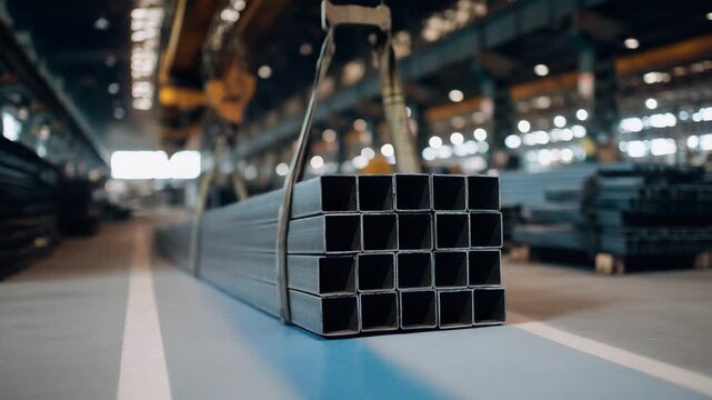 Suspended bundle of hollow square metal tubes in industrial plant, steel manufacturing and construction materials concept, structural profiles, heavy industry, engineering logistic