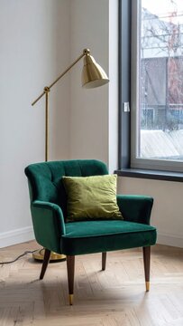 Cozy corner scene featuring a green velvet armchair, a gold lamp, and a window view