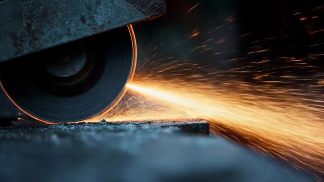 Knife blade sharpening on electric grinding wheel with flying sparks, realistic workshop tool maintenance scene with rotating abrasive disc, metalworking craftsmanship and dramatic