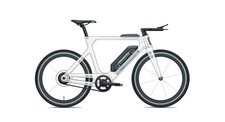 Fototapeta premium A side-profile view of a sleek electric bicycle with a transparent frame showcases glowing teal LED light accents along the wheels and battery unit design.