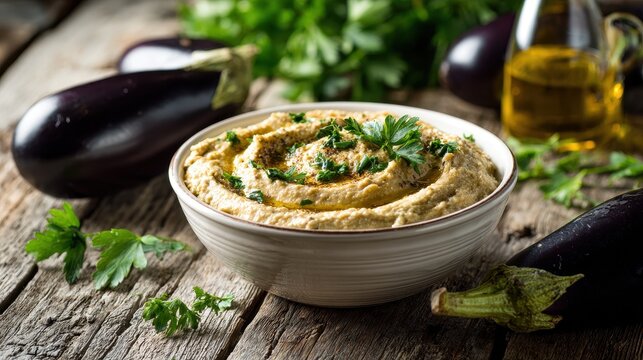 Traditional Middle Eastern baba ghanoush eggplant dip in a bowl garnished with parsley and olive oil on a rustic wooden background.