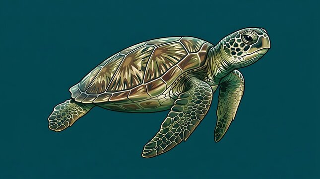 Beautifully Illustrated Sea Turtle Swimming Gracefully Through Ocean Waters With Detailed Scaled Shell