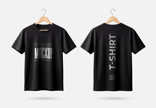 Front and Back Black T-Shirt Mockup on Hanger Isolated