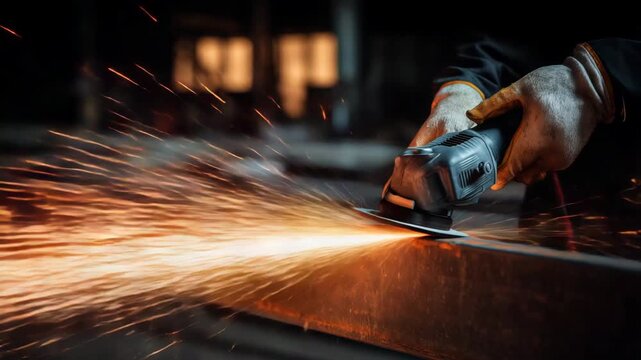 Angle grinder cutting metal with intense sparks in workshop, industrial manufacturing concept, power tool, steel processing, engineering, fabrication, construction work and dynamic