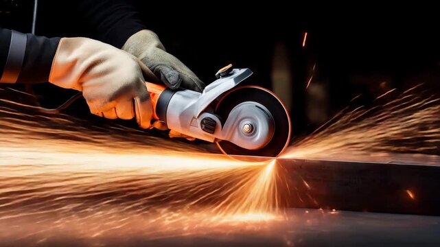 Angle grinder cutting metal with intense sparks in workshop, industrial manufacturing concept, power tool, steel processing, engineering, fabrication, construction work and dynamic