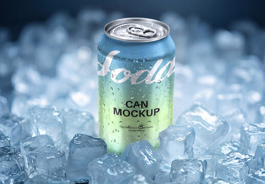 Soda Can Mockup on Ice Cubes