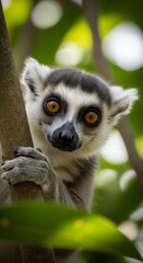Fototapeta premium Curious Ring-Tailed Lemur Peering from Tree Branch