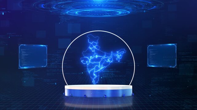 Digital India map stage glowing outline, code screens, virtual grid floor, futuristic technology studio. Digital India videos, startup promos, government visuals, data presentations, network overlays.