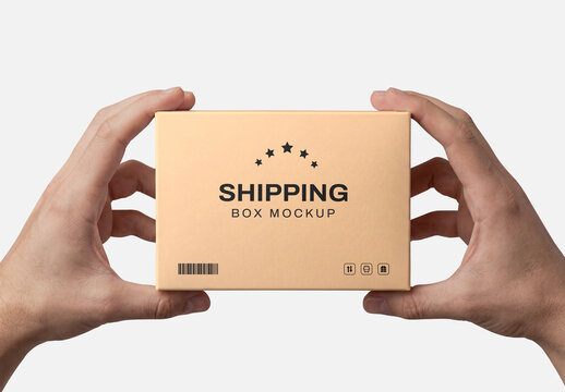 Hands Holding Cardboard Shipping Box Mockup Isolated