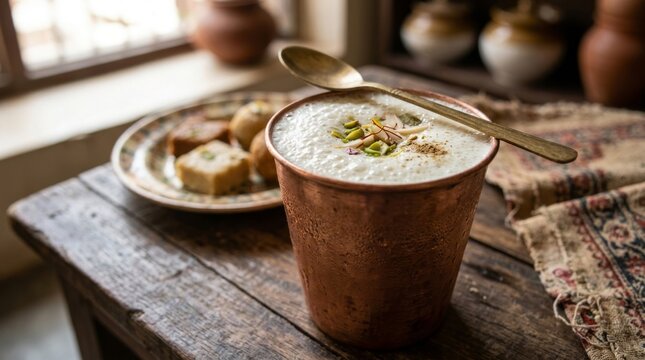 Refreshing creamy beverage topped with pistachios in a rustic copper cup with traditional sweets.