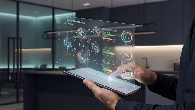 Tablet showing predictive maintenance dashboard with asset health, inspection workflow and lifecycle monitoring for smart facilities management and industrial operations optimization models.