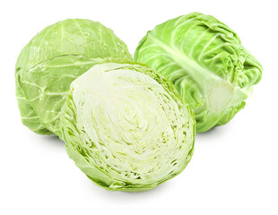 Obraz premium green cabbage with pieces isolated on white background. clipping path