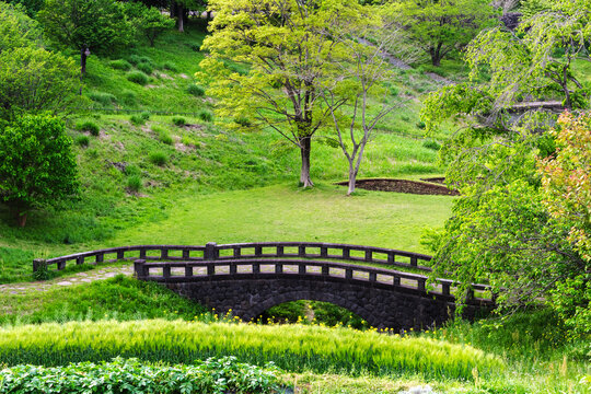 石橋がある公園　春の季節