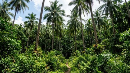 Naklejka premium Thick green tropical forest with bushes palm trees