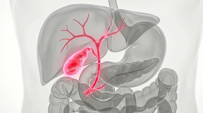 Anatomical illustration of the human gallbladder and biliary system, highlighting inflammation or pain.