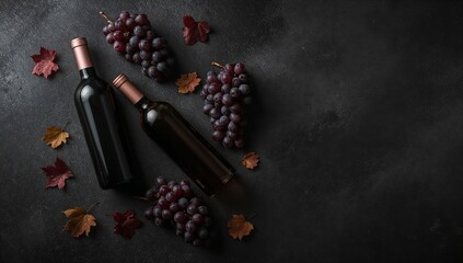 Naklejka premium Still life shot featuring wine bottles and grapes, perfect for food and beverage promotions. The image has a rich, dark ambiance, enhancing the product's appeal